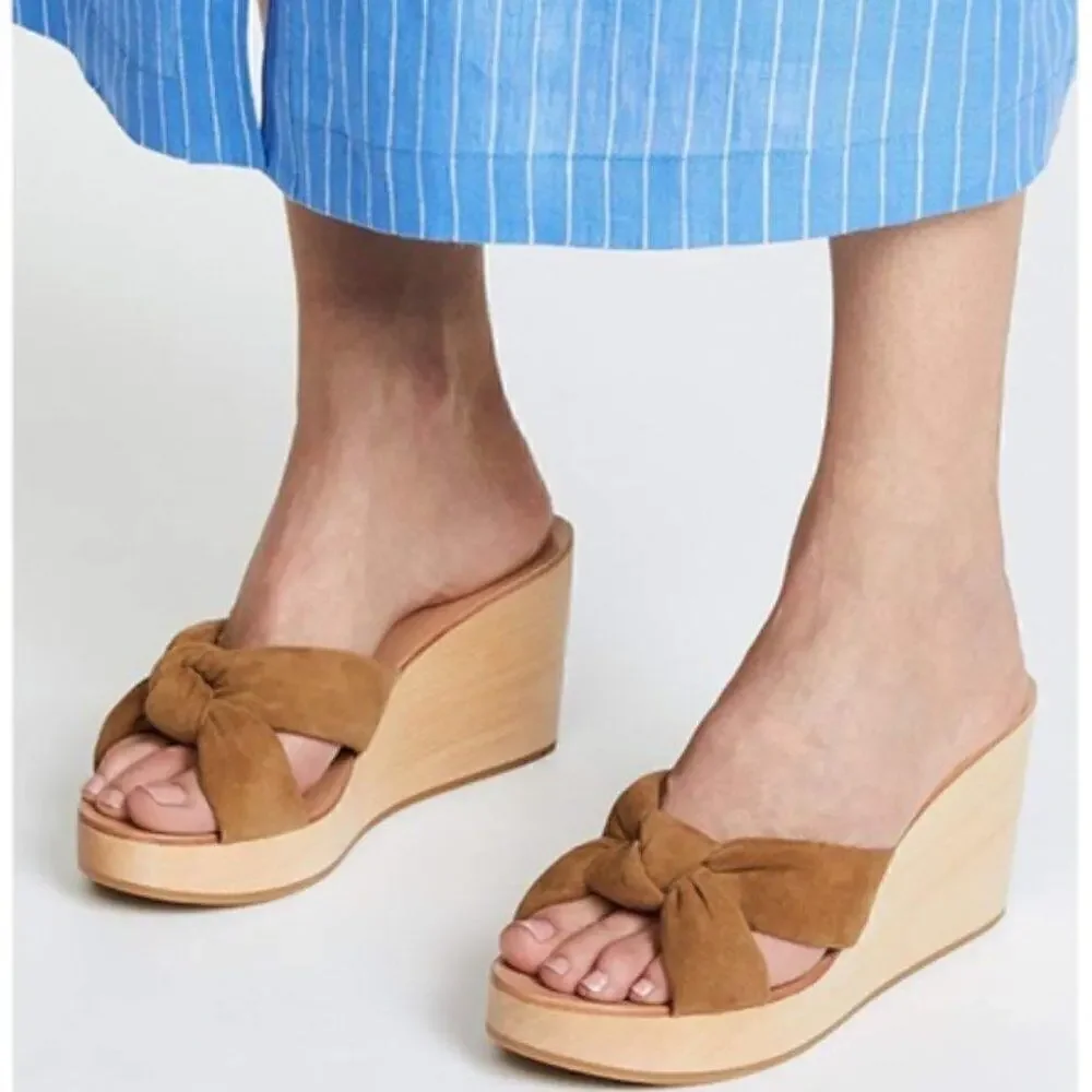 Loeffler‎ Randall Taylor Platform Wedge Heel Sandals in Sienna Tan Suede 11